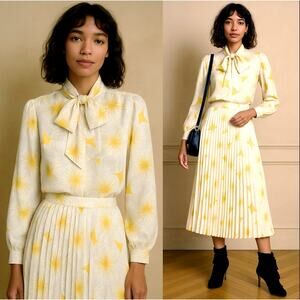 Vintage 1970s SILK 2-Piece Matching Pleated Skirt Set 6 Bow Tie Blouse Yellow